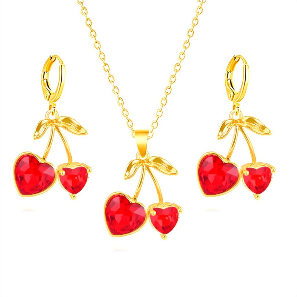 Gold Plated Cherry Jewelry Set, Dainty Necklace and Earrings for Women